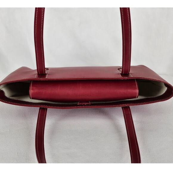 LANCEL WOMEN'S RED LEATHER - CREAM LINER TOP HANDLE HANDBAG W/ DUST BAG 15" x 7" - Picture 5 of 16
